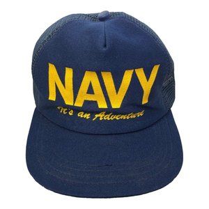 Vintage Navy “It’s an Adventure” Snapback Hat Blue Mesh Trucker Cap Broadway USA
